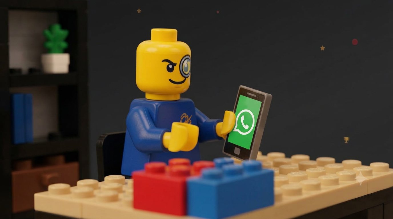Minifigura diante de blocos de montar, segurando um celular com o WhatsApp aberto